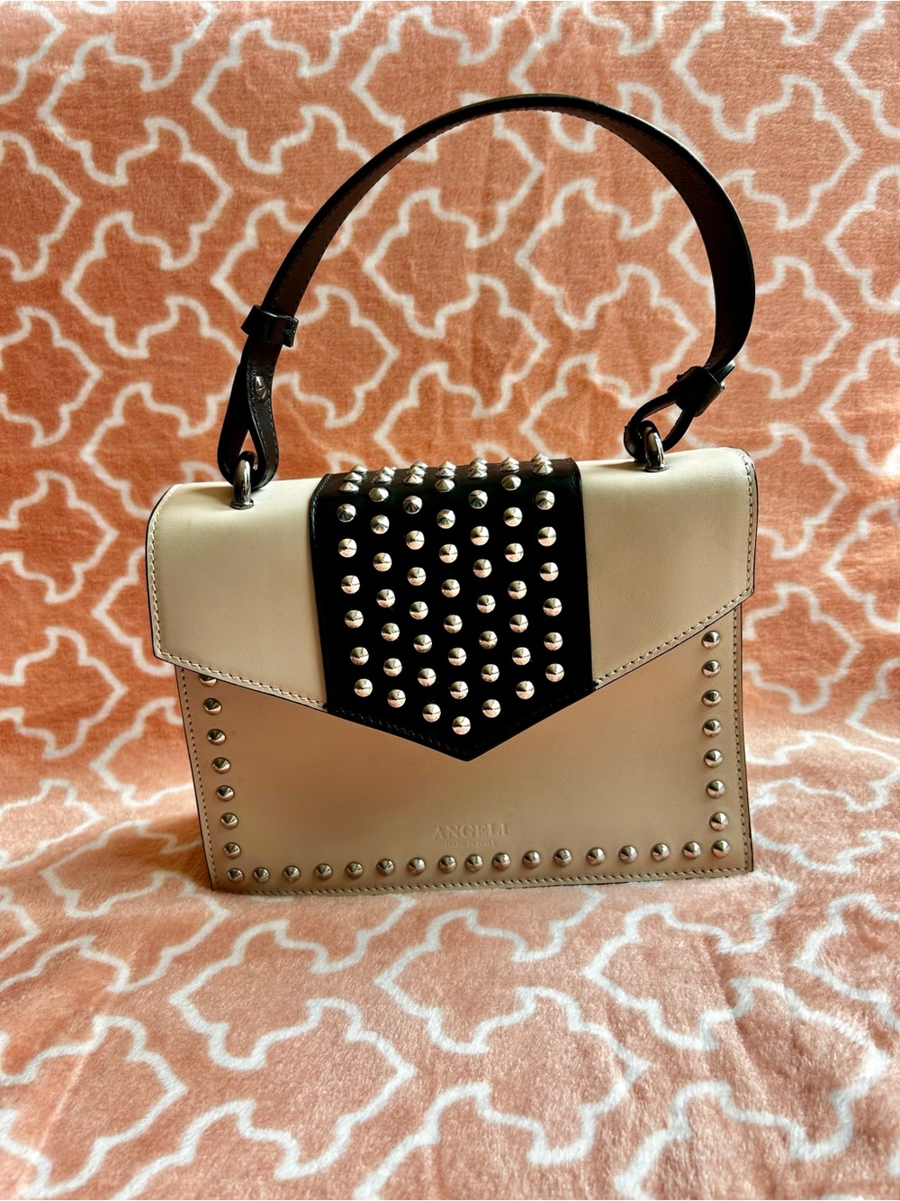 Angeli Fashion Made in Italy Black Silver Studded Top Handle Flap Leather Bag